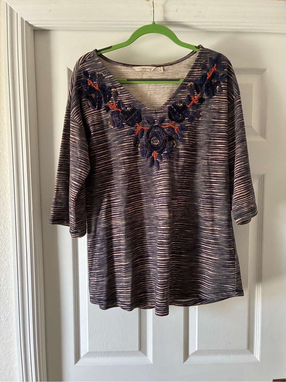 Soft Surroundings Navy and Cream Striped V-Neck Top with Floral Embroidery